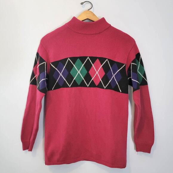 Liz Sport Vintage Argyle Barbie Pink Turtleneck Sweater - Picture 1 of 5